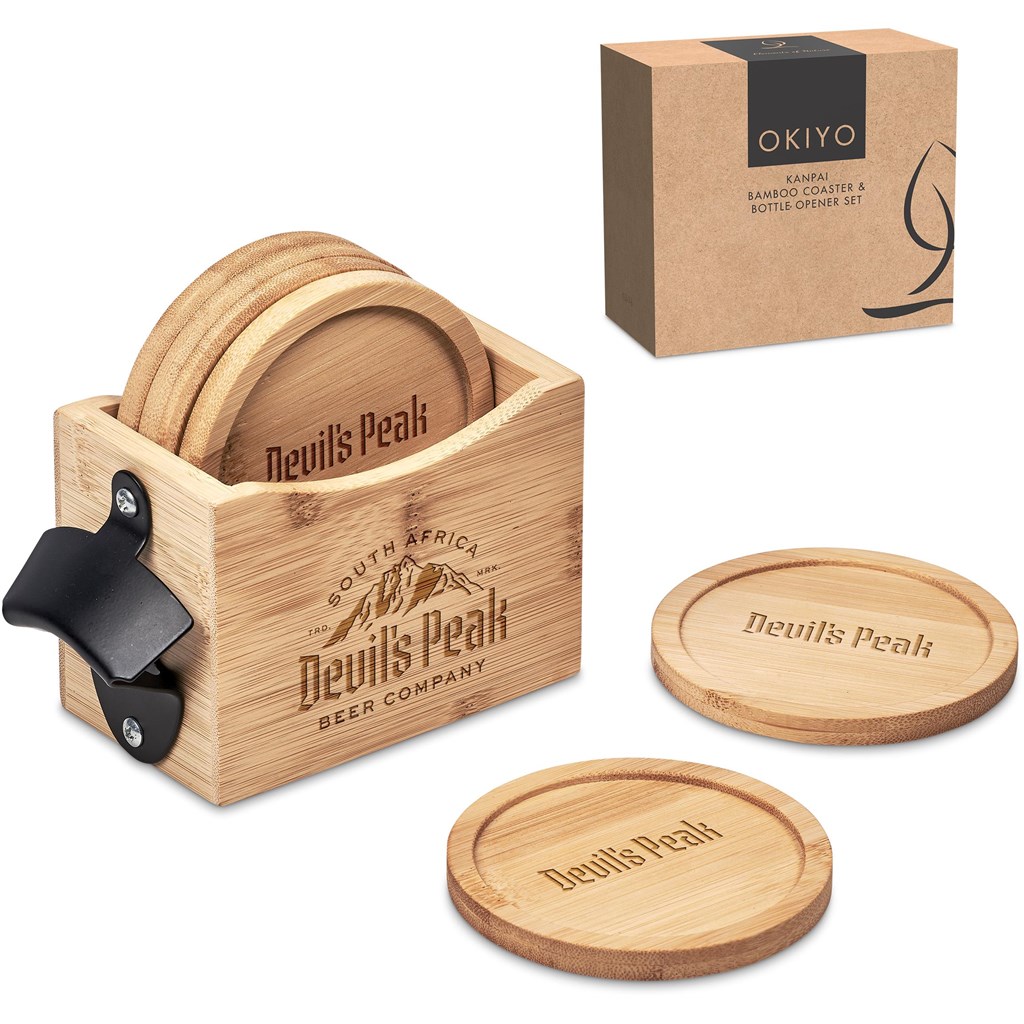 Okiyo Kanpai Bamboo Coaster & Bottle Opener Set - Image 2